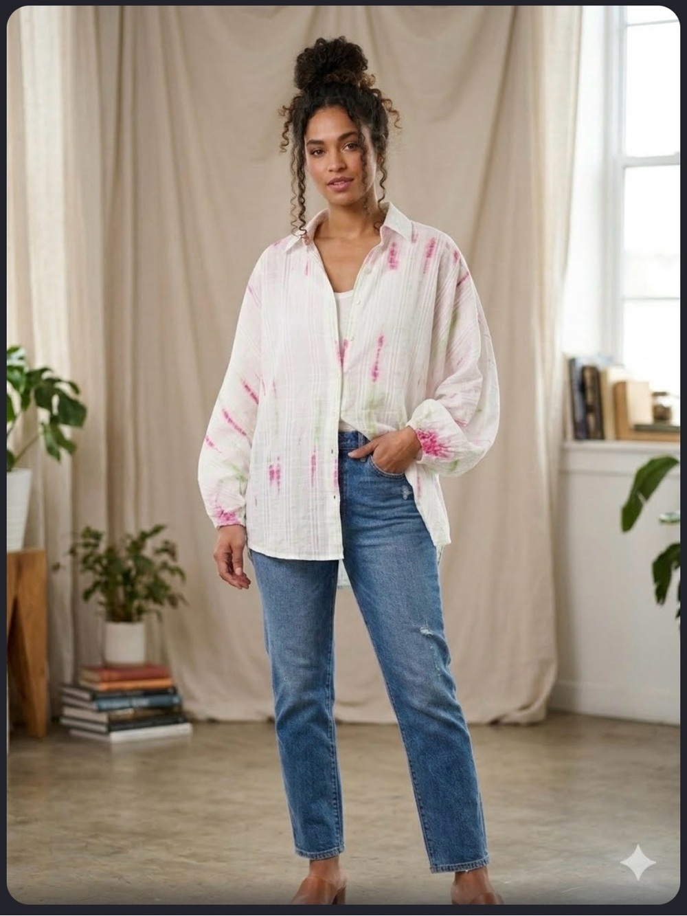 Just Bellina White Tie-Dye Button Front Women's Cotton Flowing Bohemian Blouse